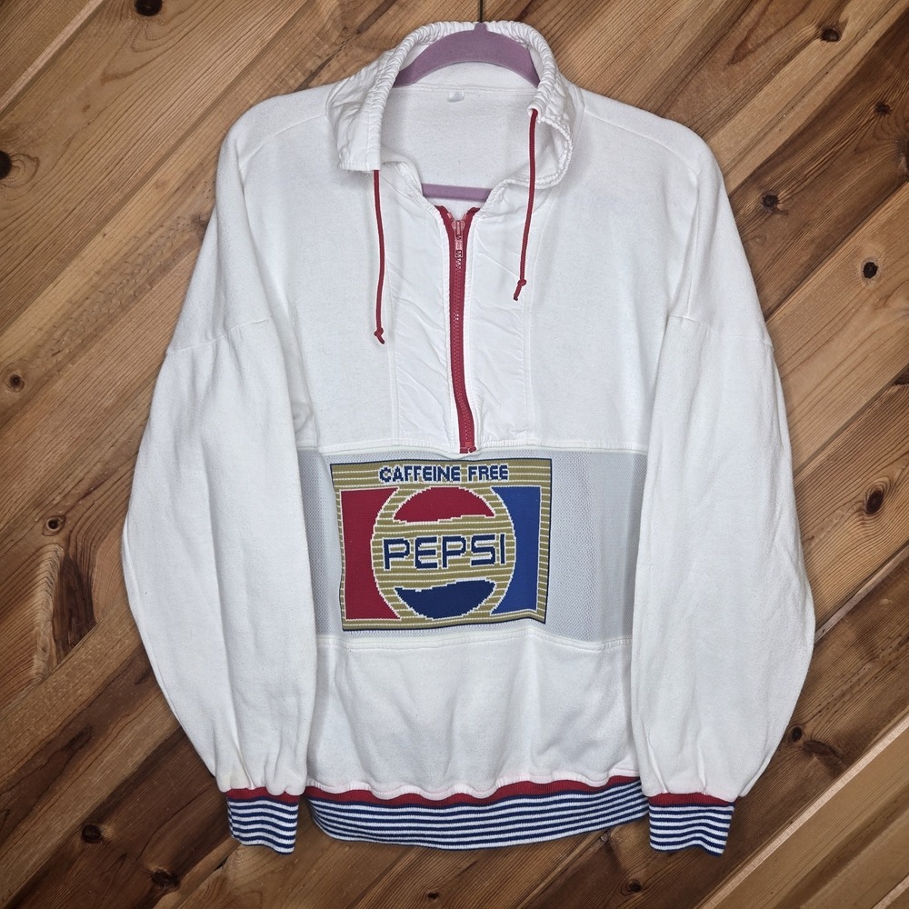 Vtg 90s Pepsi Caffeine Free‎ Logo Retro Colors Block Large Sweatshirt Half Zip